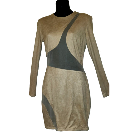 Va Va Voom Dress BODYCON Beige See-thru Mesh Panels Faux Suede Vintage Y2K M - Picture 2 of 15
